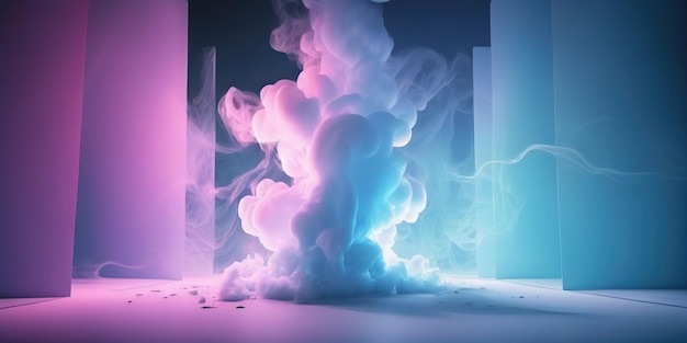 A pink and blue smoke explosion in a dark room