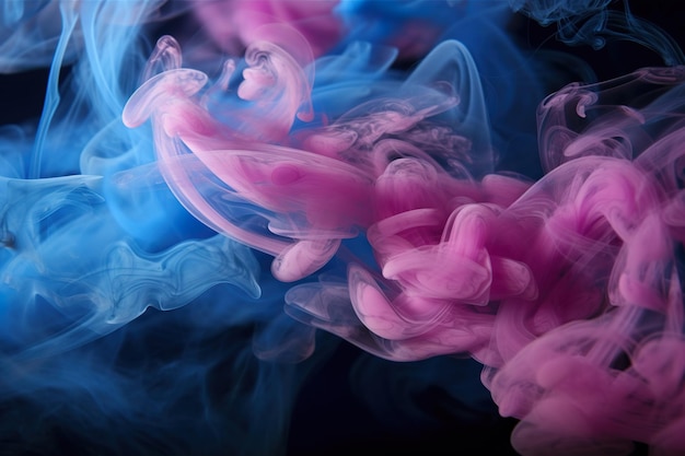 A pink and blue smoke is floating in a black background.