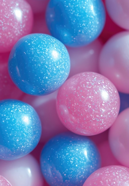 Pink and blue speckled gumballs closeup