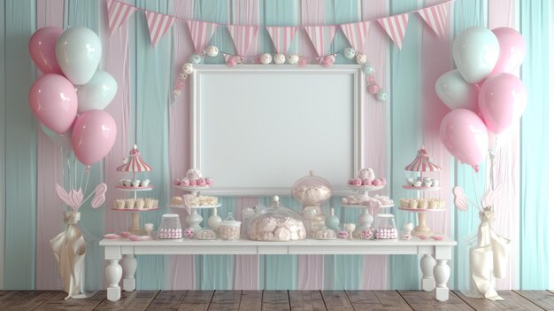 A pink and blue striped wall with a white frame and a table with a pink