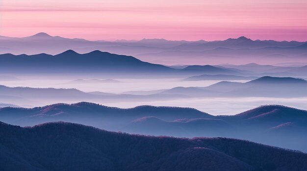A pink and blue sunrise over the blue ridge mountains.