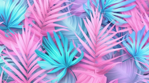 Pink and blue tropical leaves on a white background