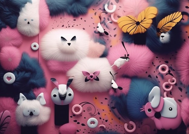 Photo a pink and blue wall with a bunch of fluffy animals and a butterfly on it.