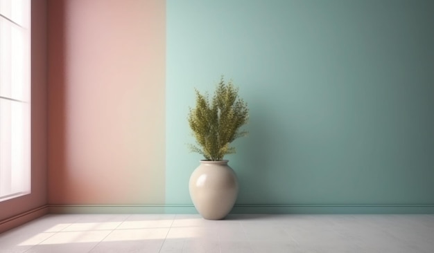 A pink and blue wall with a plant in a vase.