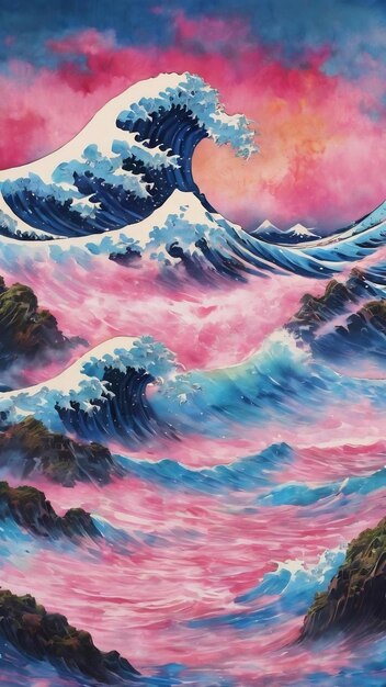 Pink and blue watercolor colorful painted great wave eclectic landscape canvas art print