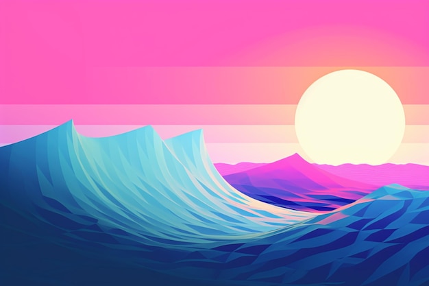 A pink and blue wave with the sun behind it.