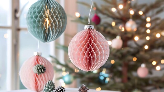 Pink blue and white honeycomb paper Christmas ornaments hanging in front of a decorated Christmas tree with twinkling lights