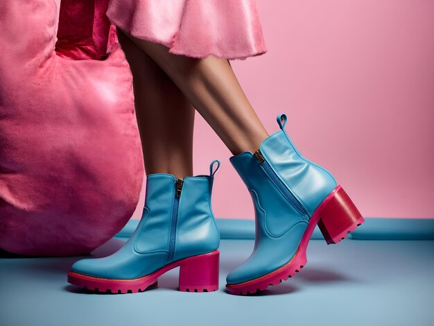 Photo pink and blue woman boots on color background