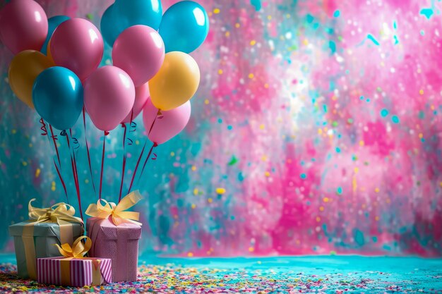 Pink blue and yellow balloons decorate room with present in the middle