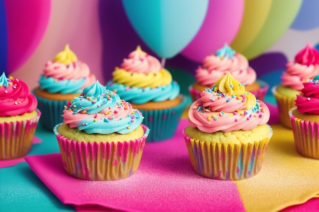 ピンク、青、黄色のカップケーキに、ピンクと青のフロスティングと背景に風船が付いています。