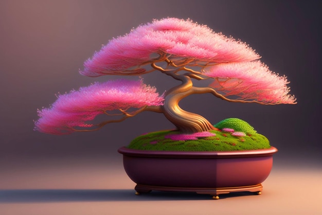 A pink bonsai tree in a pot