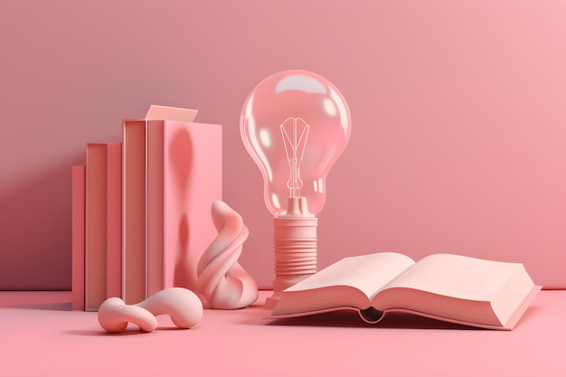 Photo a pink book and a light bulb on a table