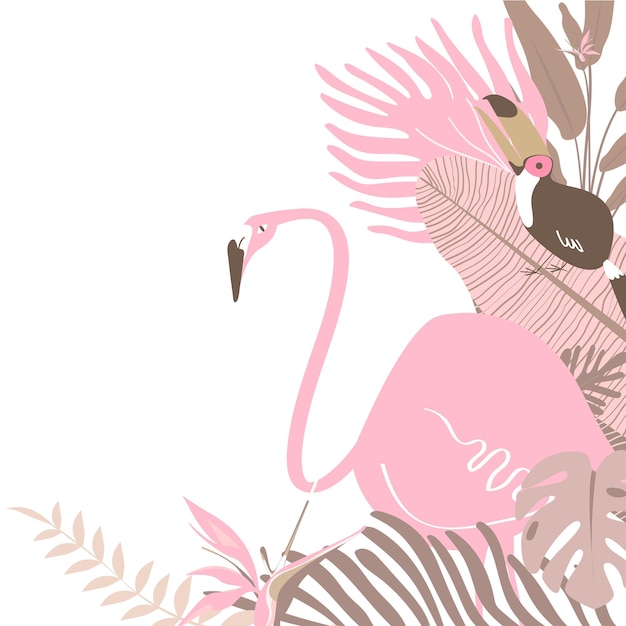 pink botanical border png aesthetic tropical leaves and bird graphic element on transparent background