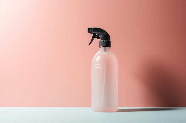 Photo a pink bottle of cleaning product with a black spray bottle on a blue table.