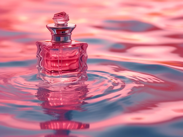 Foto una bottiglia rosa di profumo che galleggia sopra un corpo d'acqua