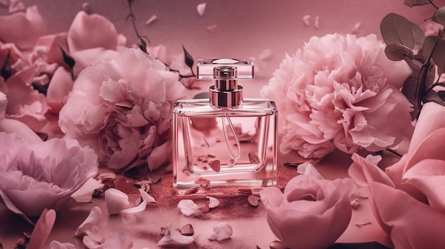 Pink bottle of perfume among flowers and leaves Generative AI image