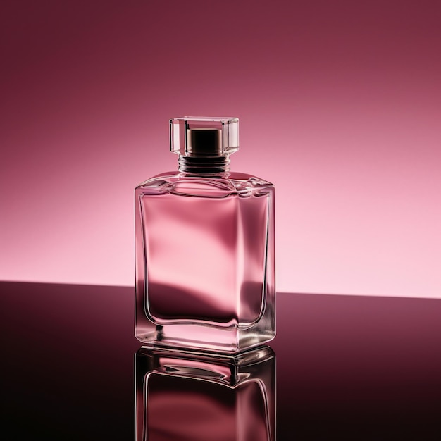 A pink bottle of perfume with a silver cap on the front.