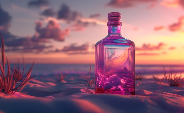 pink bottle shot in the sand