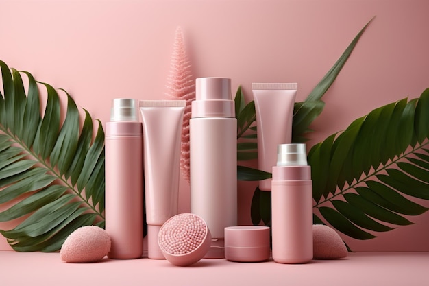 A pink bottle of skin care products on a pink background