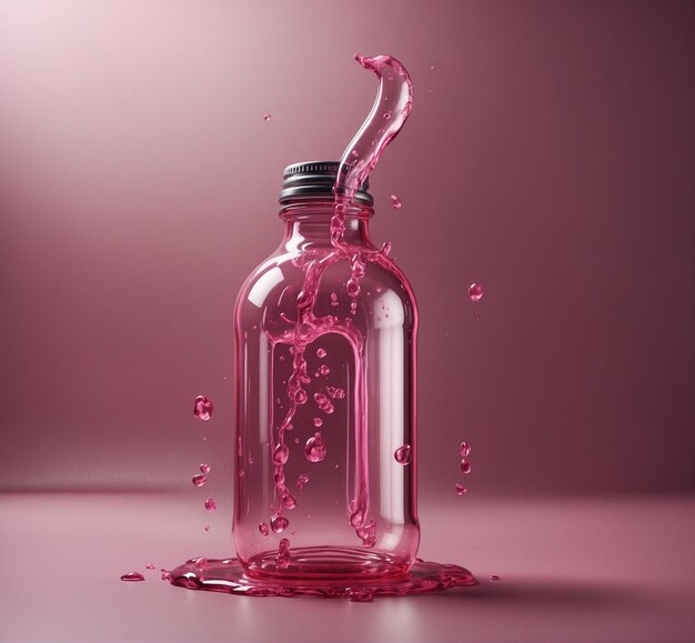 Foto una bottiglia rosa con un liquido rosa che ha gocce rosa su di essa