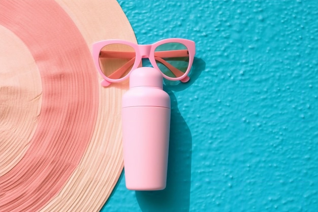 A pink bottle with a pink sunglasses on a blue background