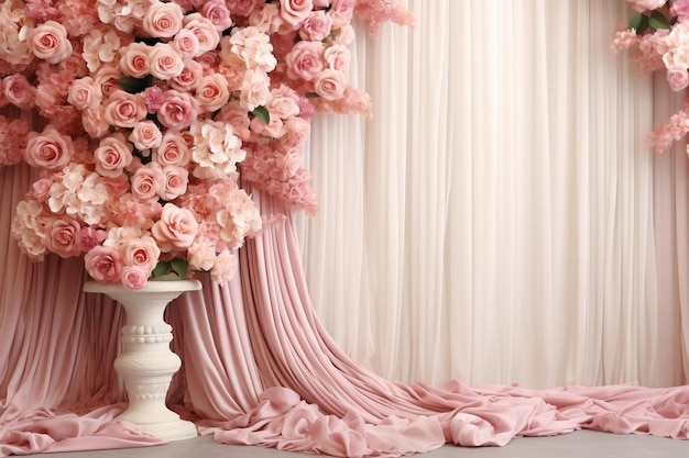 a pink bouquet of roses in front of a pink curtain.