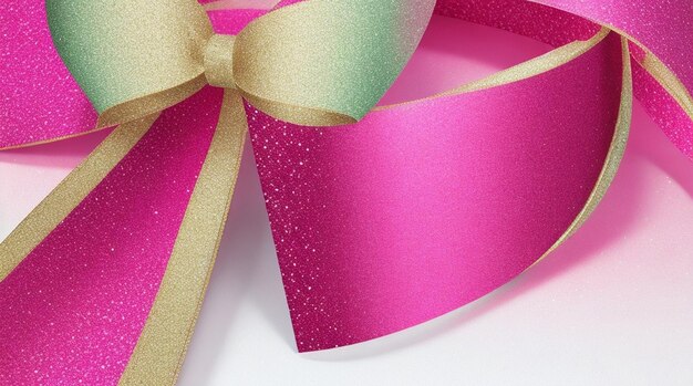 A pink bow with gold glitter on it