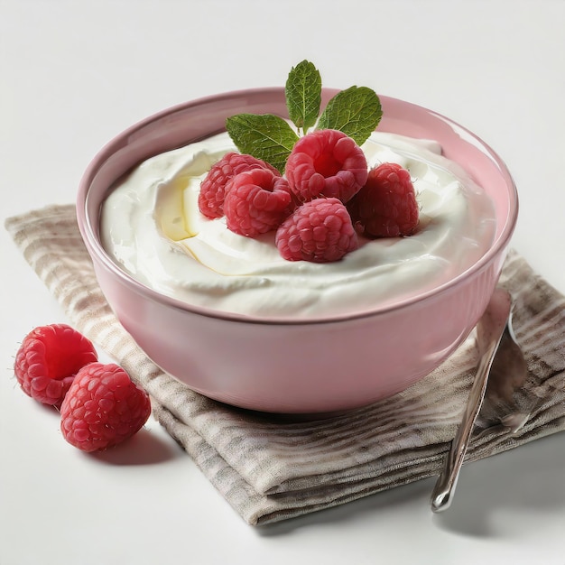 Pink bowl of greek yogurt and fresh raspberries on linen napkin isolated on white background