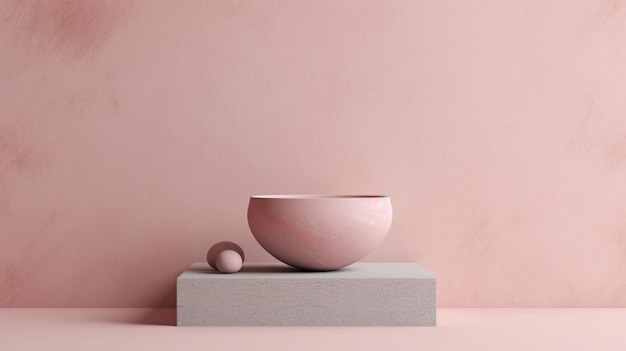 A pink bowl sits on a grey box with a pink background.