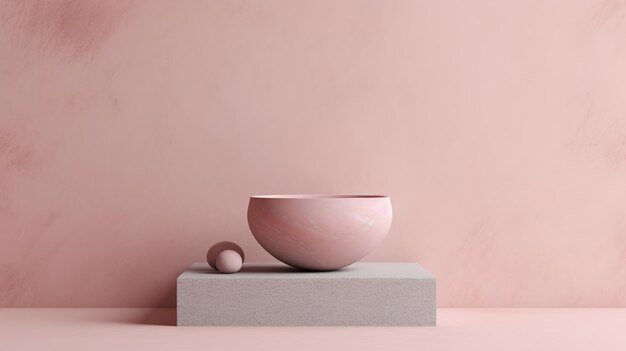 A pink bowl sits on a grey box with a white box on top.