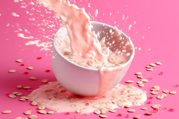 A pink bowl with cereal and strawberry milk