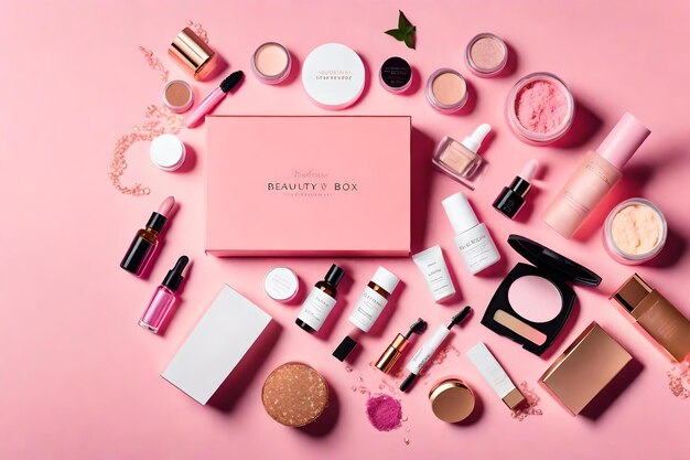 A pink box of beauty products is on display