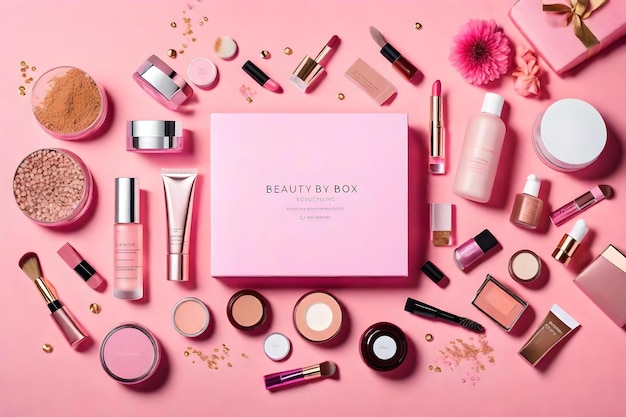 A pink box of beauty products is surrounded by pink flowers