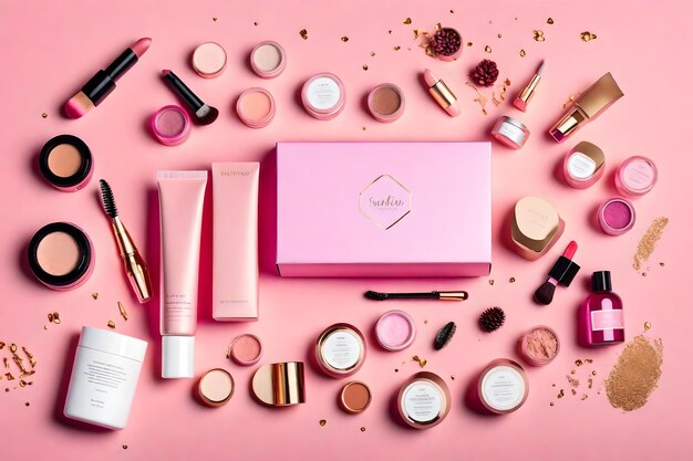 A pink box of cosmetics is surrounded by a pink background