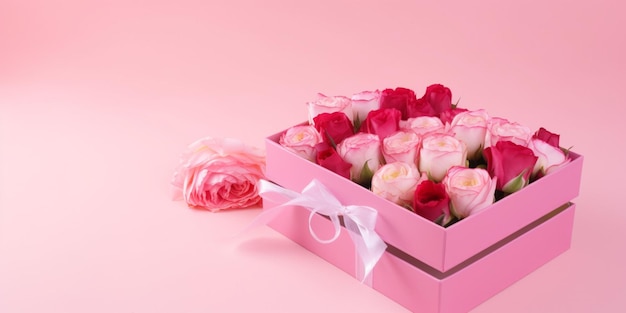 A pink box of roses on a pink background