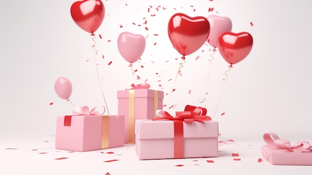 розовая коробка с воздушными шарами и коробка в форме сердца с красным сердцем на ней