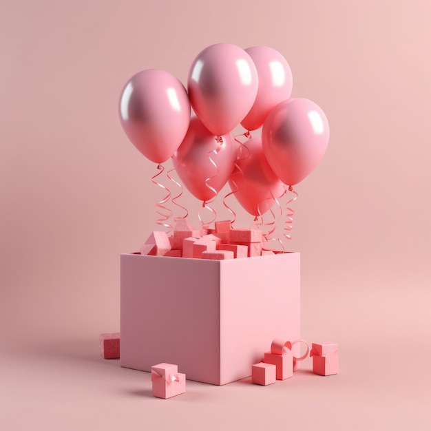 A pink box with a bunch of balloons on it