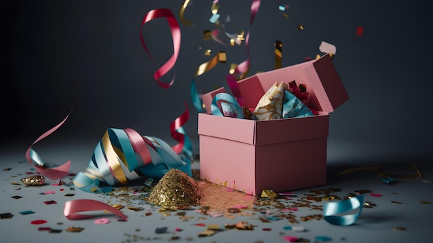 A pink box with confetti and confetti on it