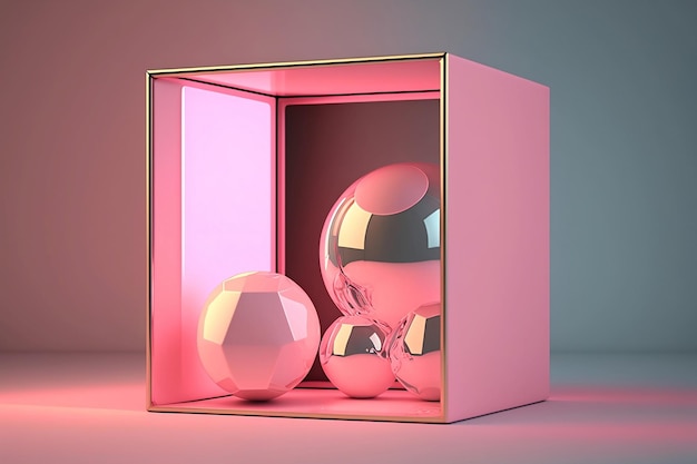 안에는 유리 공이 있는 분홍색 상자와 "그 위에"라는 단어가 새겨진 분홍 색 상자.