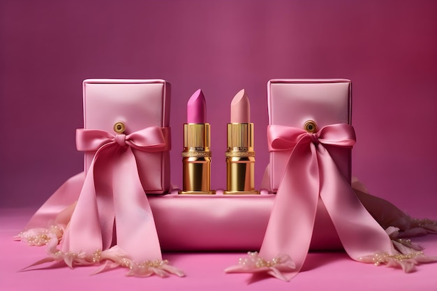 A pink box with lipsticks on it and a pink bow on the back.