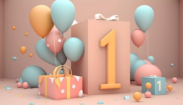 A pink box with a number 1 on it with balloons and balloons.