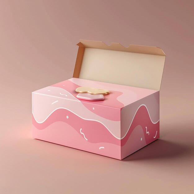 Foto una scatola rosa con una foto di un biscotto dentro