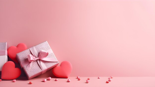 pink box with pink ribbon and pink heart candy on pink background