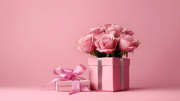 A pink box with pink roses on it on pink background