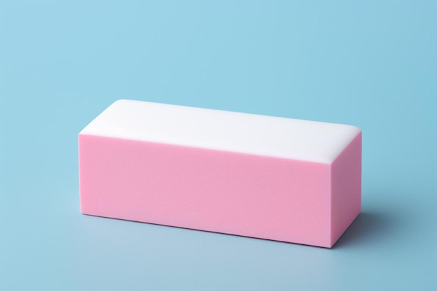 a pink box with a white top sits on a blue table.