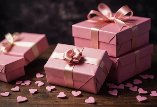 розовые коробки с сердцами на деревянном столе