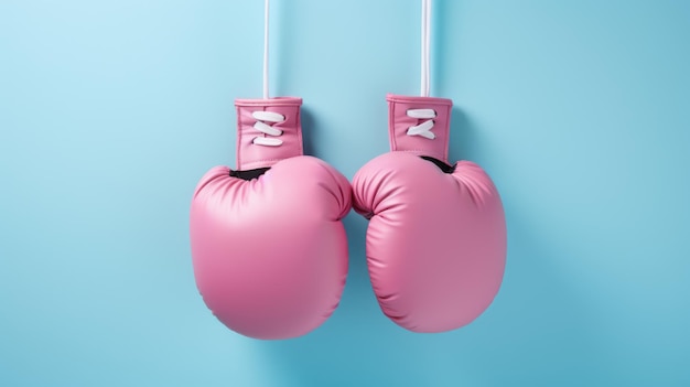 Pink boxing gloves on blue background Concept of female cancer disease Created with Generative AI technology