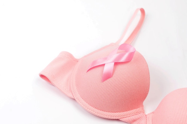 Pink brassiere with pink ribbon over Breast cancer concept