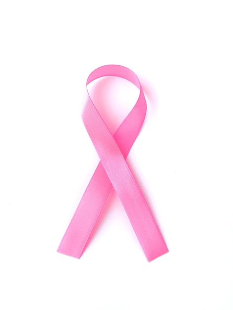 Pink breast cancer awareness ribbon on a white background