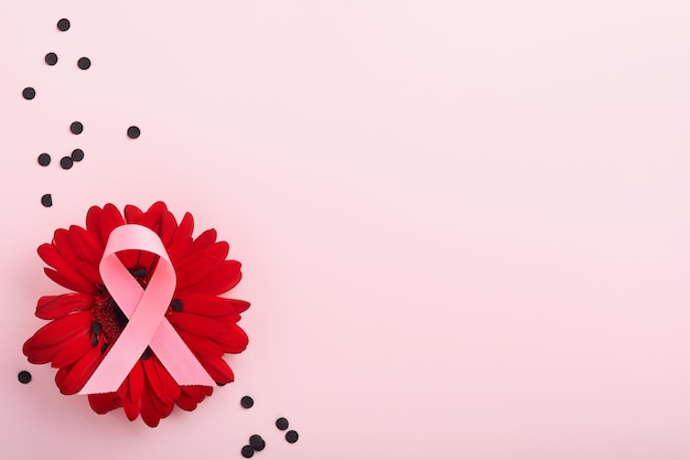 Pink Breast Cancer Awareness Ribbon White and red Gerberas with black confetti and pink ribbon on backgrounds Breast cancer awareness and October Pink day world cancer day Top view Mock up